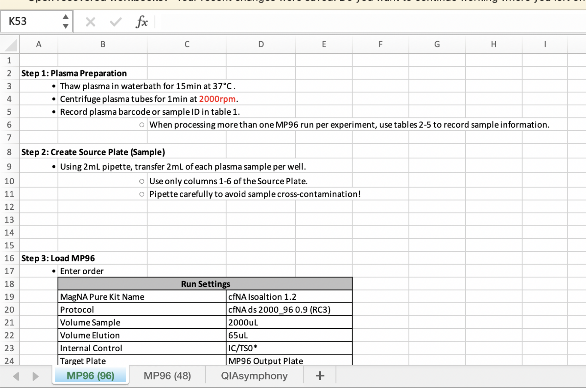 Spreadsheet for tracking samples