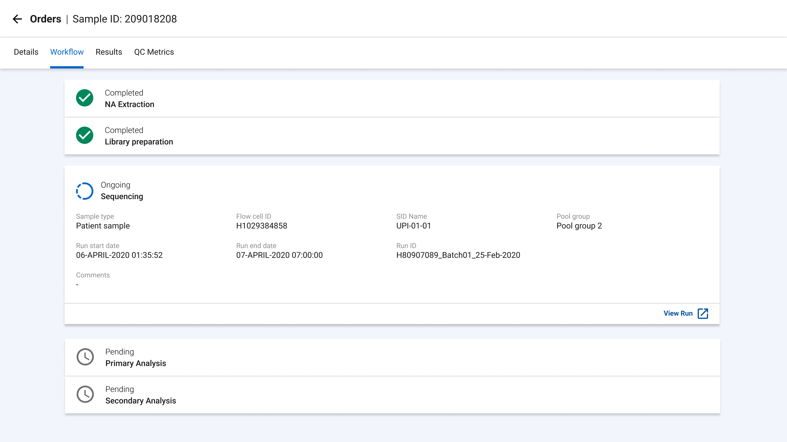 For a selected sample, the workflow steps are displayed as a sequence with their status