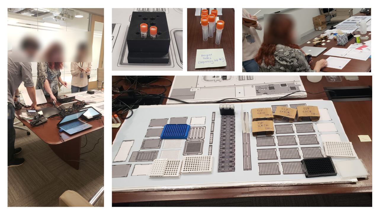 Pictures of the simulated lab environment include cardboard, containers, and consumable canisters