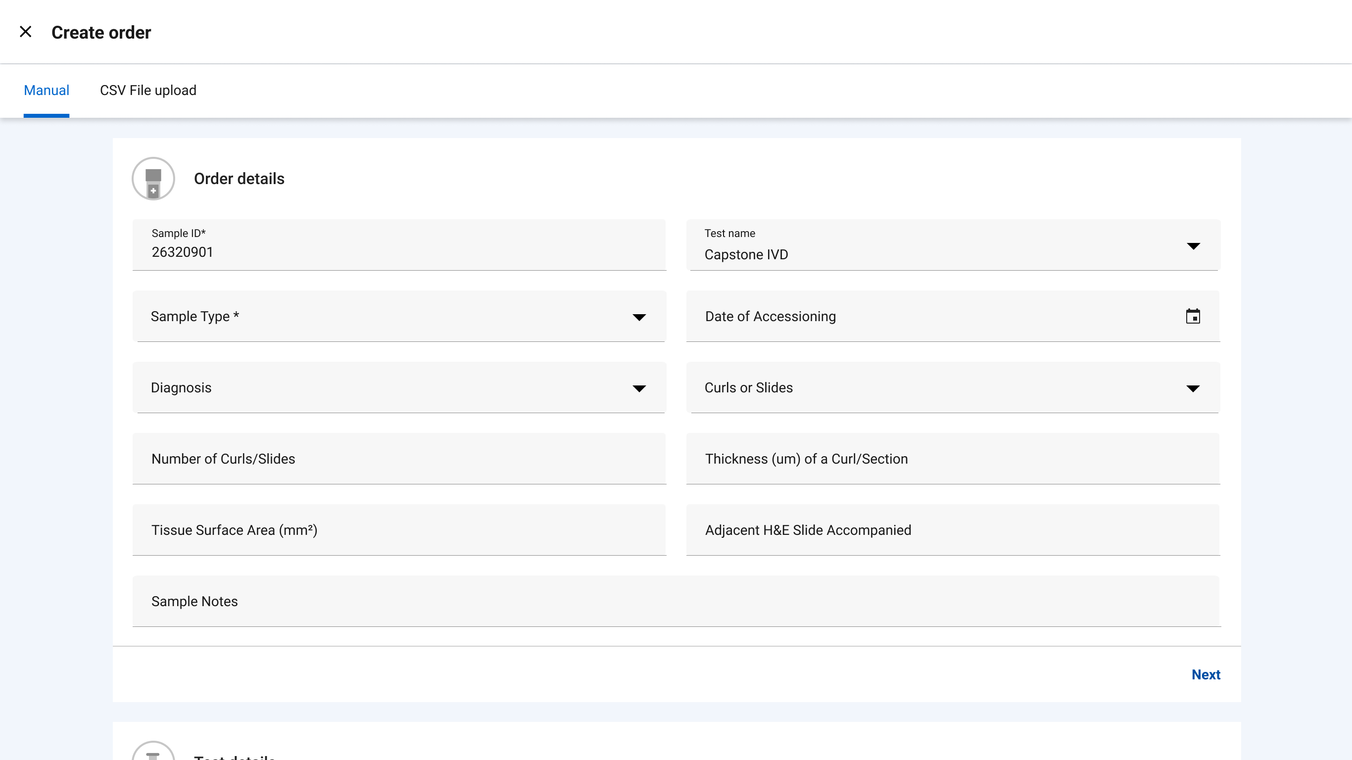 Manual sample entry form