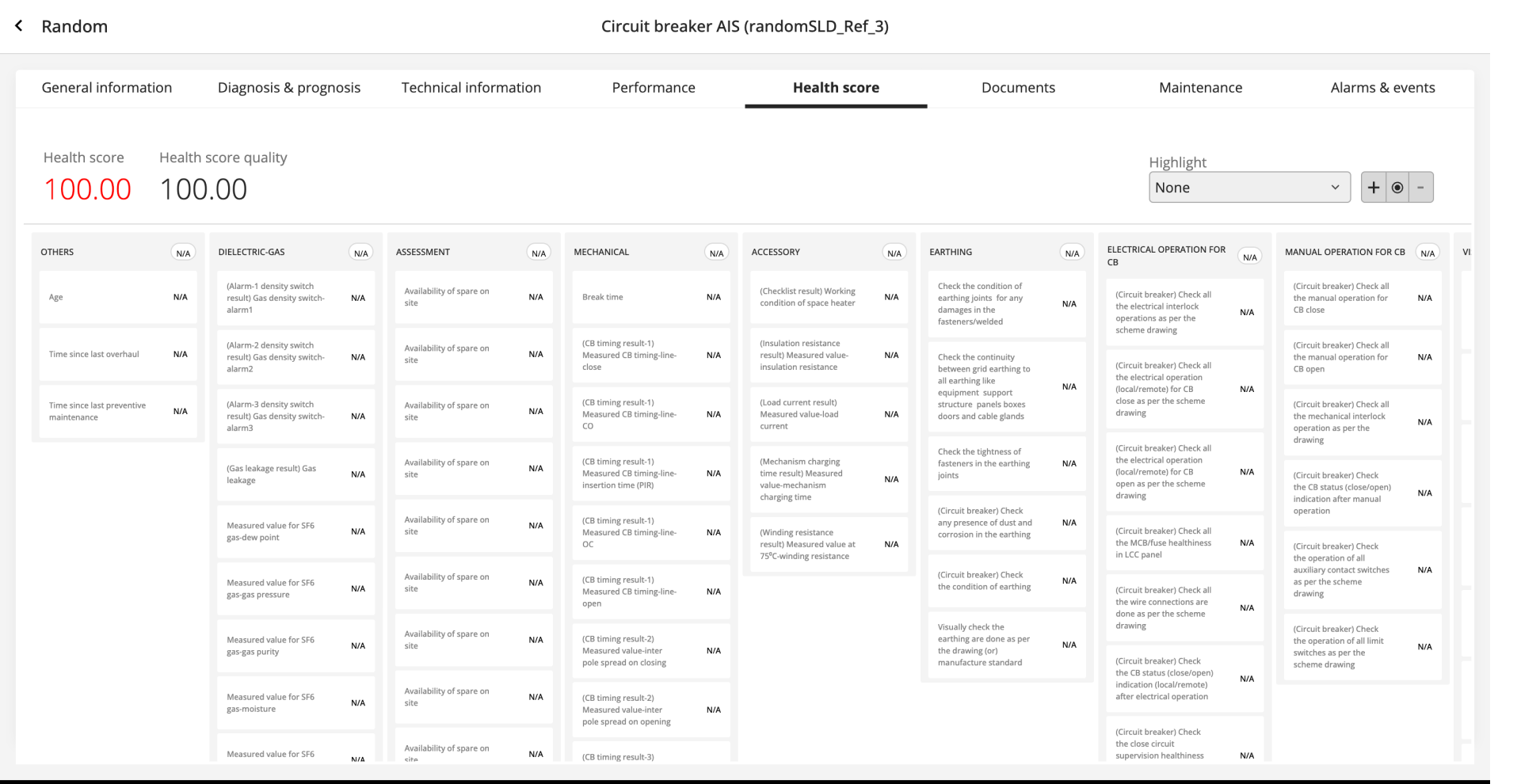 The existing Health Score interface showing a flat horizontal layout of cards grouped by subsystem, all displaying N/A values with no visual hierarchy