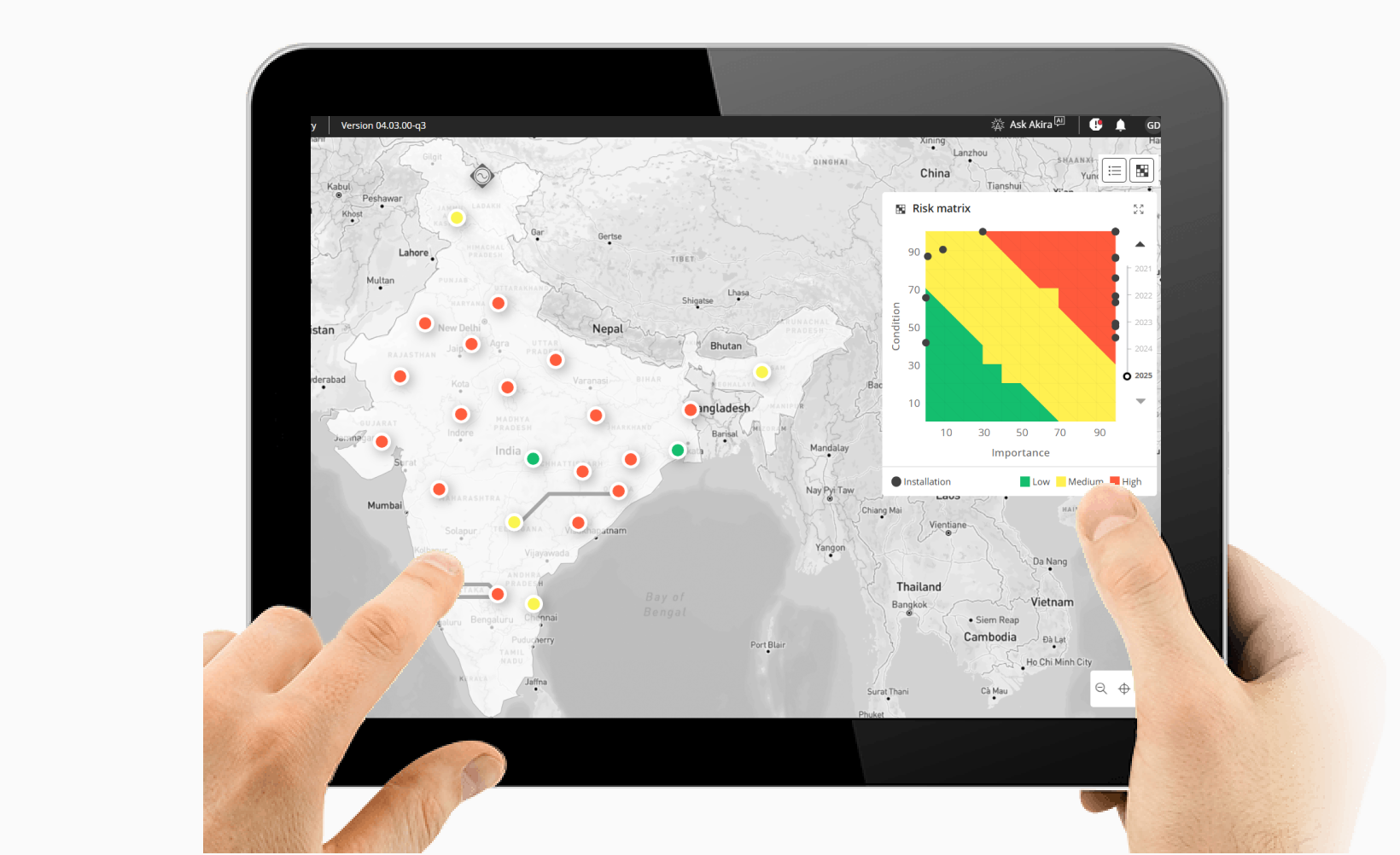 RelCare platform displayed on a tablet showing the map view with risk matrix overlay for substation installations